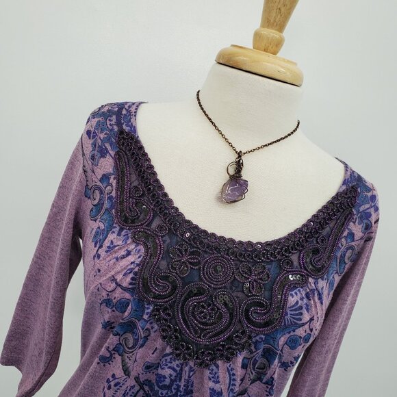 Live and Let Live Purple Embellished Boho Top Womens S Paisley Print 3/4 Sleeve - Picture 6 of 16